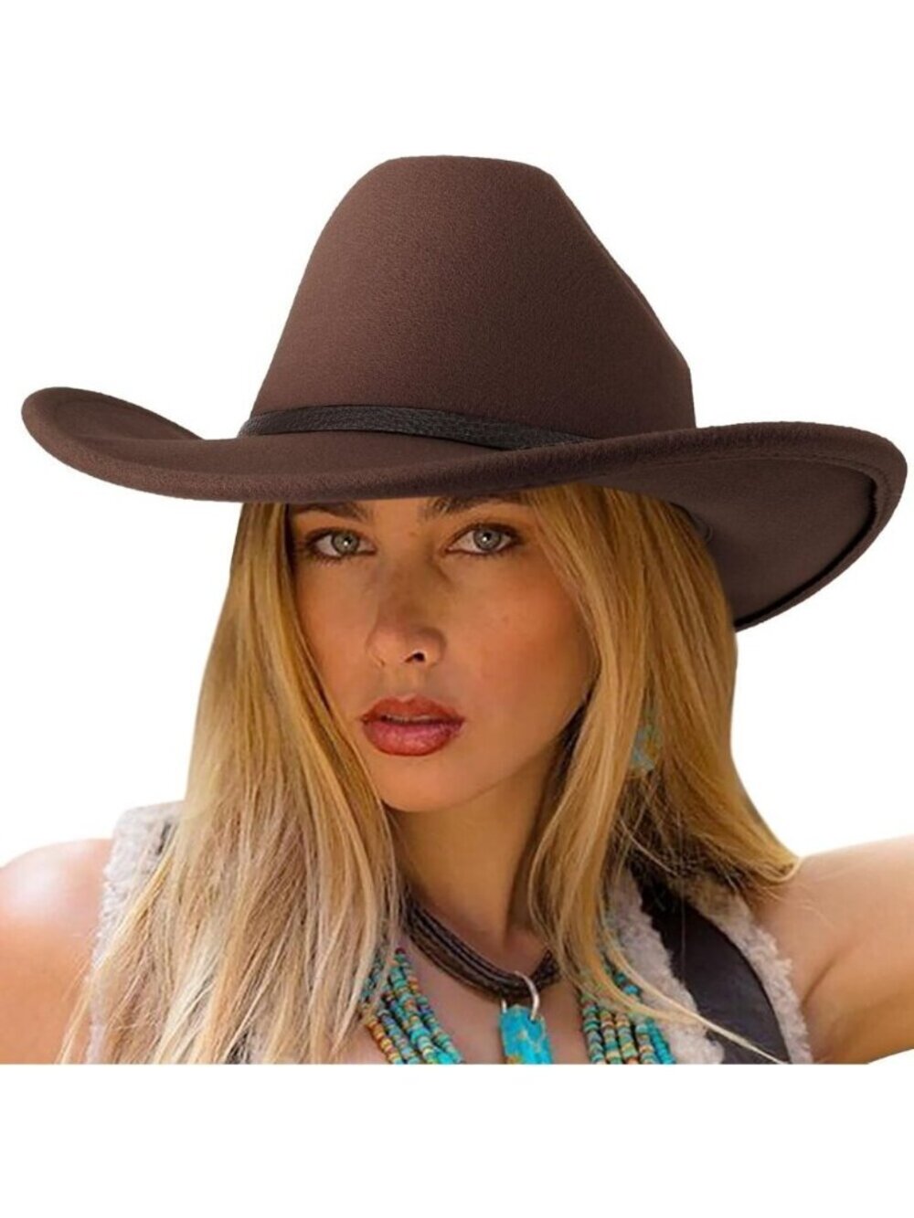 Women's Coffee Western With Leather Band Classic Brim Fedora Felt Cowboy Hat